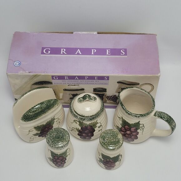 Alco Grapes 5 pc Ceramic Accessory Set Sugar Bowl Creamer Salt & Pepper Napkin - Picture 9 of 14